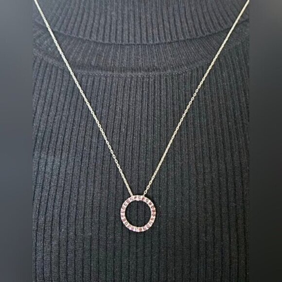 Silvertone Pink Rhinestone Circle Pendant & Ball Chain Necklace - Picture 3 of 6